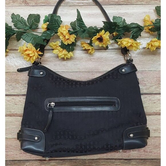 Gianni Bini Black Baguette Signature Print Leather Accent Shoulder Bag Purse - Picture 1 of 10